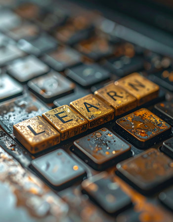 The word LEARN stands out on a weathered and decaying computer keyboard.の素材