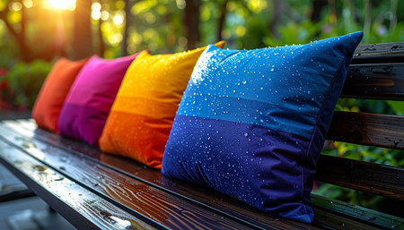 After a refreshing morning shower, a row of vibrant, colorful pillows rests on a wet wooden bench.の素材