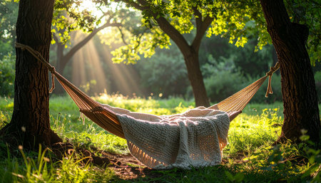 An empty hammock hangs peacefully between two trees in a lush garden, bathed in the warm glow of golden sunbeams.の素材