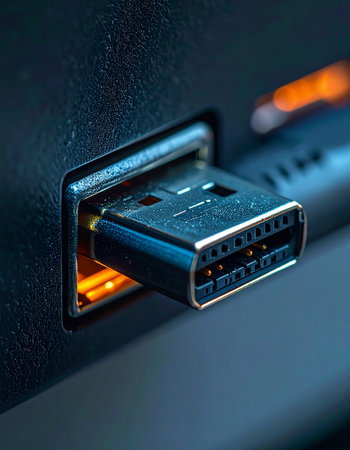 A macro shot captures the critical moment of connection as a USB cable plugs into a glowing port.の素材