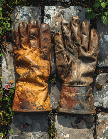 A pair of heavily worn and stained leather work gloves rest on a rustic stone wall.の素材