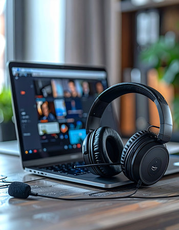 A headset rests on a laptop, ready for the next virtual meeting.の素材