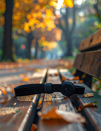 A moment of digital detox in the heart of autumn. A modern smartwatch rests on a rustic wooden bench, surrounded by golden fallen leaves, as a serene park path stretches into a soft-focus background.の素材