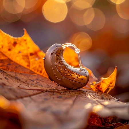 A close-up of a modern hearing aid resting on a dew-kissed autumn leaf.の素材