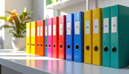 A perfectly arranged row of rainbow-colored binders sits on a sun-drenched desk, representing a well-organized system for managing data and documents.の素材