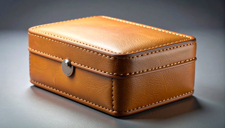 A beautifully crafted, hand-stitched leather box rests on a dark surface, its simple clasp securing precious memories and treasured keepsakes within. A symbol of elegance, value, and safekeeping.の素材