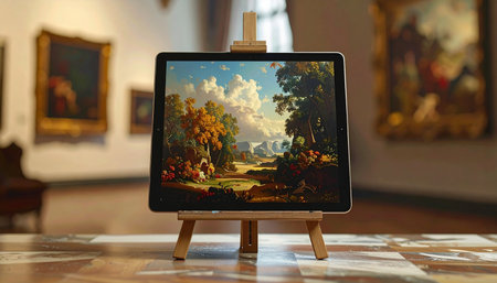 In a quiet gallery, a modern tablet on a miniature easel brings a classical landscape to life, bridging centuries of art with today's technology.の素材