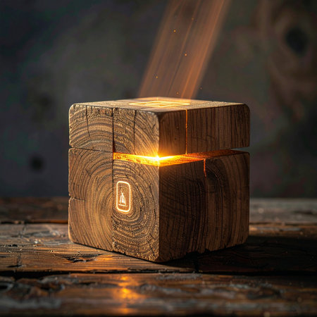 In a dimly lit, rustic setting, an ancient wooden cube rests on a weathered surface.の素材