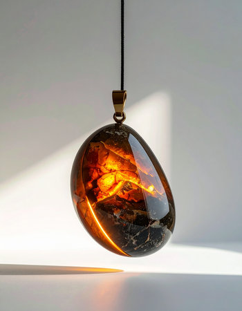 A polished amber pendant hangs in a beam of light, revealing a fiery, almost volcanic world trapped within.の素材