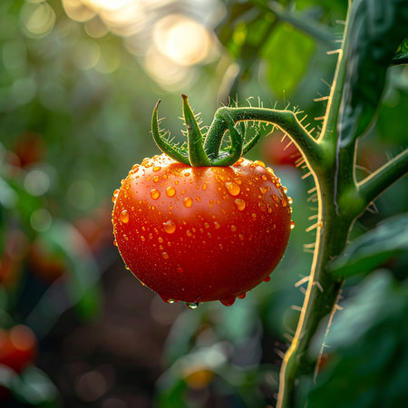 A perfect, ripe tomato glistens with morning dew, bathed in the warm, golden light of sunrise.の素材