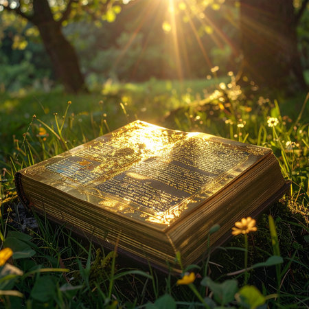 In a quiet forest clearing, bathed in the golden light of a setting sun, lies an ancient, forgotten book.の素材