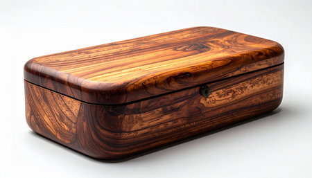 A beautifully handcrafted hardwood box with a rich, polished grain, resting on a clean white background.の素材