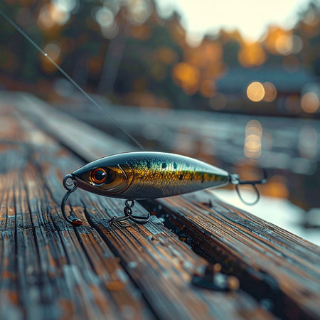 A fishing lure rests on the weathered planks of a wooden dock, its hooks ready for action.の素材