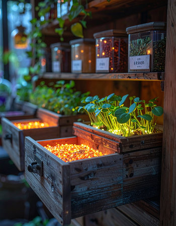 A whimsical indoor garden brings a touch of magic to a rustic space.の素材