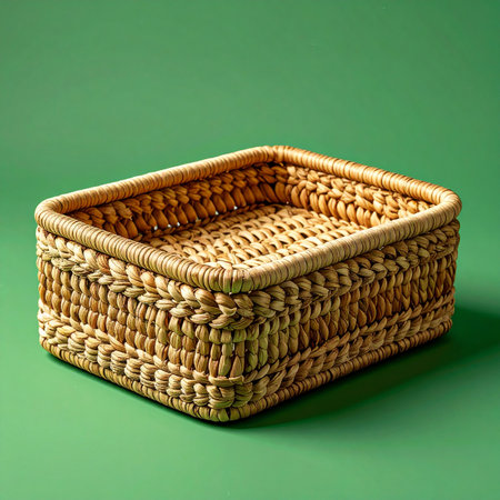 An empty, handmade wicker basket rests on a solid green background. This simple and rustic container is perfect for concepts of natural living, home organization, and sustainable style.の素材