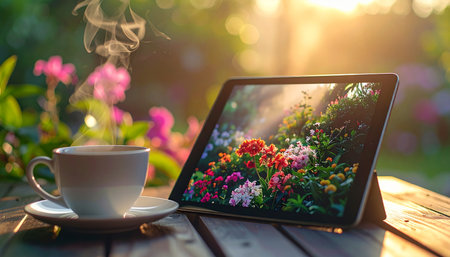 Start your day in a tranquil garden oasis. A steaming cup of coffee sits on a rustic wooden table next to a digital tablet, its screen glowing with inspiration.の素材