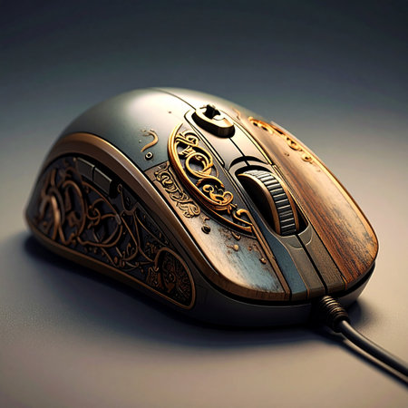 A relic from a bygone era of digital craftsmanship, this ornate steampunk mouse combines intricate metalwork with modern functionality.の素材