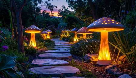 A stone pathway winds through an enchanted garden at twilight, illuminated by the warm, magical glow of whimsical mushroom-shaped lamps.の素材