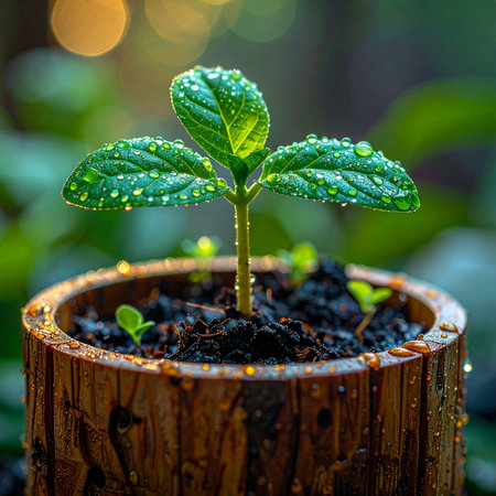 In the soft morning light, a tiny seedling emerges from rich soil, its vibrant green leaves adorned with glistening dew drops.の素材