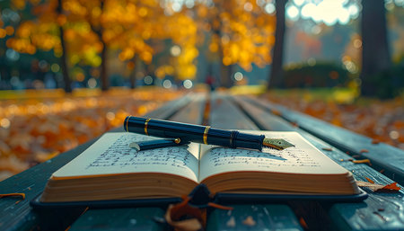 In the quiet solitude of an autumn park, a classic fountain pen rests on the pages of an open book.の素材