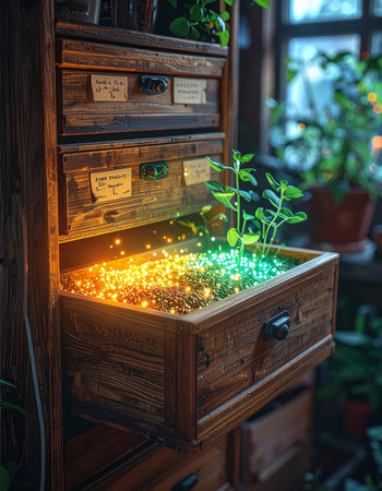 In a forgotten corner, an old wooden cabinet holds a secret.の素材
