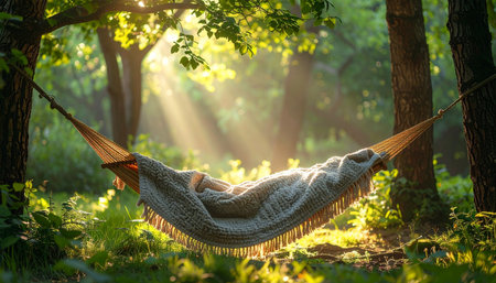 A cozy hammock with a warm blanket awaits in a tranquil forest clearing.の素材