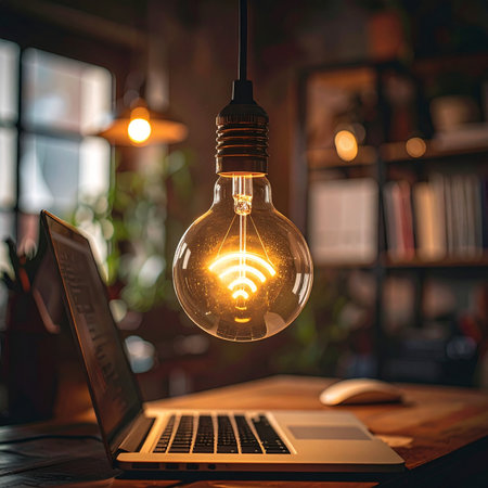 In a quiet, warm study, a vintage-style light bulb glows with a modern twistの素材