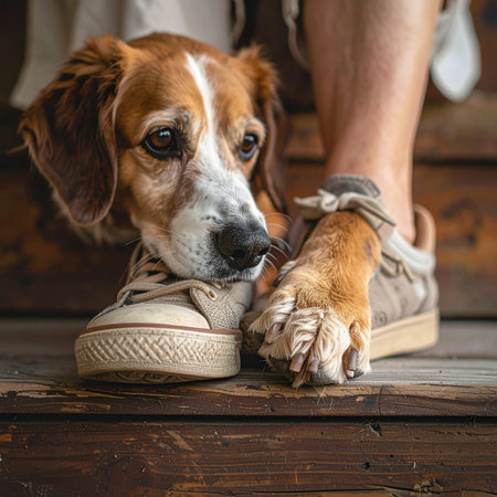 A touching moment of quiet companionship as a faithful beagle rests its head and paw on its owner's shoe.の素材