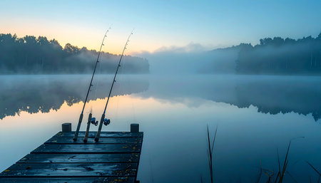 Two fishing rods stand ready on a rustic wooden pier, waiting patiently for a catch.の素材