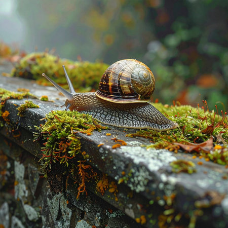 A detailed macro shot captures a garden snail making its slow and steady way across an old stone wall.の素材