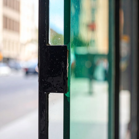 A glimpse of bustling city life seen through the abstract frame of a green-tinted glass door.の素材