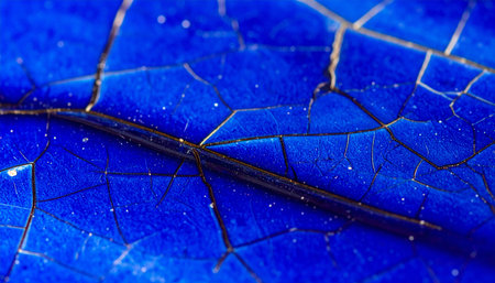 A macro perspective reveals the intricate network of veins on a leaf's surface, covered in a cracked, vibrant blue texture.の素材