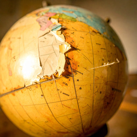 A close-up view captures the fragile state of a vintage world globe, its paper map torn and peeling.の素材