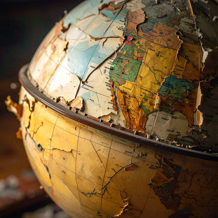 A close-up of a weathered and broken antique globe, its continents cracked and peeling.の素材