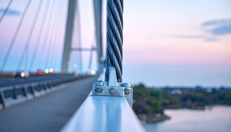 A detailed close-up on the powerful steel support cable of a modern suspension bridge.の素材