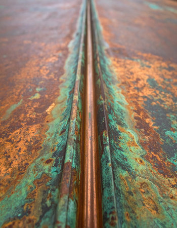 A central seam divides a landscape of transformation, where polished copper gives way to a vibrant verdigris patina.の素材