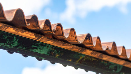 A close-up, low-angle view captures the intricate details of a weathered, corrugated metal roof.の素材