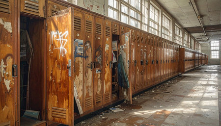 Sunlight streams through grimy windows, illuminating a long hallway in a forgotten school.の素材