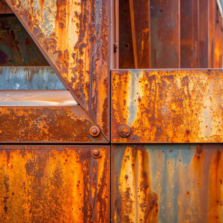 A close-up view reveals the intricate textures and warm, earthy tones of a heavily rusted steel structure.の素材