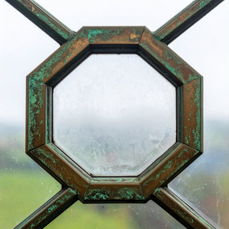 An antique bronze octagonal window, marked by time with a rich green verdigris patina, frames a soft, blurry view of the outside world.の素材