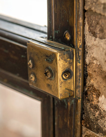 A close-up shot captures the timeless character of an antique brass window latch.の素材