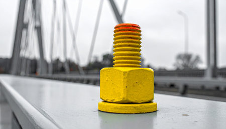A single, brightly colored yellow bolt stands out against the muted, monochrome background of a steel bridge.の素材
