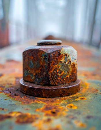 A macro shot captures the intricate details of a heavily rusted nut and bolt.の素材