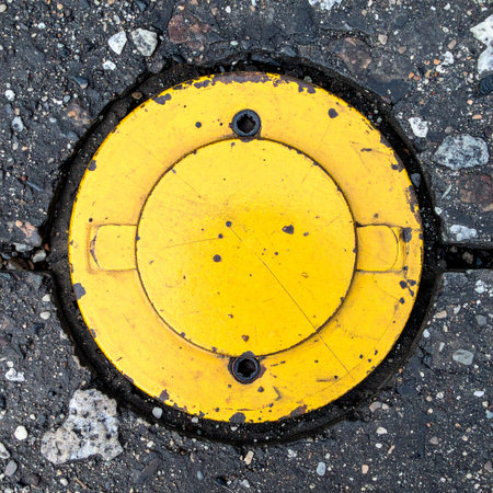 A bright yellow utility marker stands out against the dark, cracked asphalt of an urban street.の素材