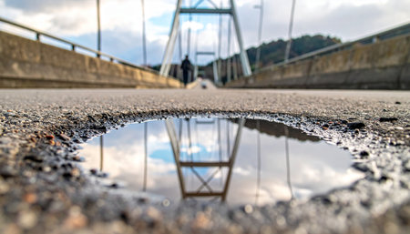 A low-angle view captures the reflection of a truss bridge in a small puddle on the asphalt.の素材
