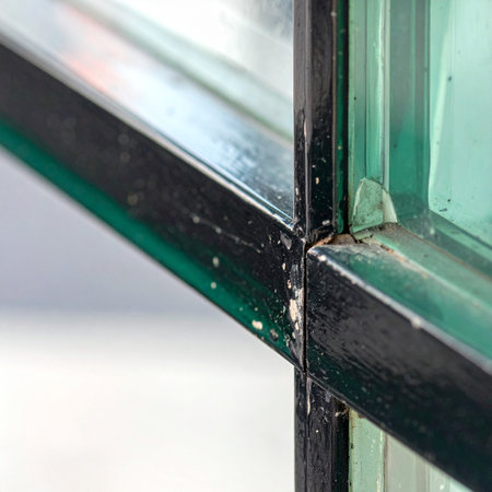 A macro perspective captures the precise intersection of a black window frame, where lines and angles meet.の素材