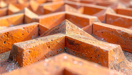 A detailed macro shot captures the intricate and angular design of red brick masonry.の素材