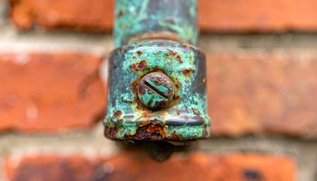 A detailed macro shot captures the beautiful decay of an old metal pipe fitting.の素材