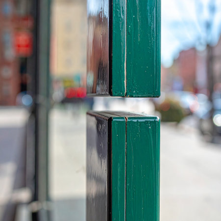 A selective focus, close-up shot on the glossy green hinge of a metal door frame.の素材
