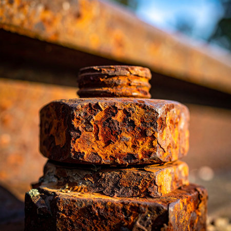 A macro shot captures the intricate texture of a heavily corroded bolt and nut.の素材